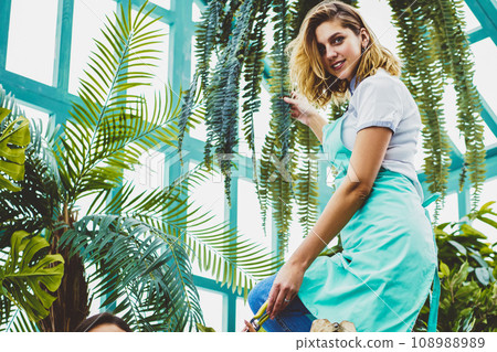 Portrait of multicultural colleagues cooperating during work in greenhouse while carrying about plants Portrait of multicultural colleagues cooperating during work in greenhouse while carrying about plants 108988989