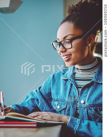 Cheerful female blogger feeling excited from creating interesting idea for content to next publication 108989358