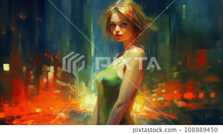 woman in neon city lights woman in neon city lights 108989450