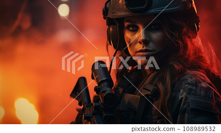 special forces woman in the city at war. 108989532