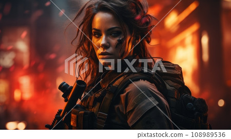 special forces woman in the city at war. 108989536