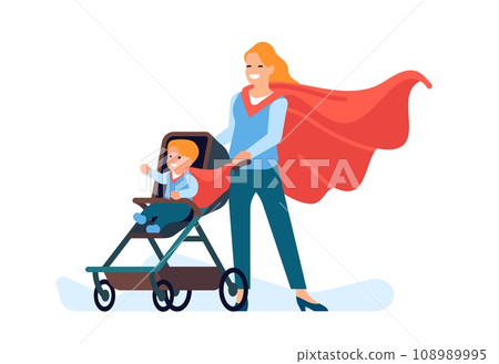 Superhero mom carrying super baby in stroller. Family walking. Heroic mother pushing pram. Kid in carriage. Newborn child and smiling woman with red cloak. Hero parent. Vector concept Superhero mom carrying super baby in stroller. Family walking. Heroic mother pushing pram. Kid in carriage. Newborn child and smiling woman with red cloak. Hero parent. Vector concept 108989995