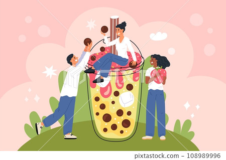 Strawberry taste bubble tea with tiny people. Tapioca balls drink. Big plastic cup with brown Boba pearls and pink cream. Sweet milkshake glass. Delicious beverage. Garish vector concept Strawberry taste bubble tea with tiny people. Tapioca balls drink. Big plastic cup with brown Boba pearls and pink cream. Sweet milkshake glass. Delicious beverage. Garish vector concept 108989996