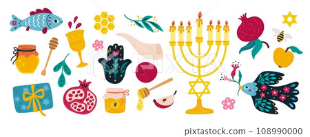 Rosh hashanah and Shana tova elements. Jewish New Year objects. Holiday traditional icons. Honey glass jar. Fish and pomegranate. Candles in candlestick. Present box. Garish vector set 108990000