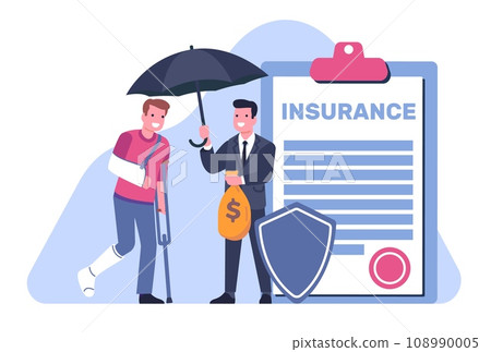 Man is injured and gets insurance. Disabled patient with crutches. Insure agent gives money bag. Protecting shield and umbrella. Financial payments. Medical health care. Vector concept 108990005