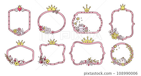 Little princess frames with crowns and flowers. Pink cute girly decorative border shapes. Cartoon bunny and unicorn. Love heart. Fairytale design elements set. Garish vector templates 108990006