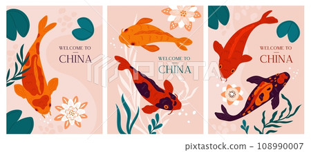 Koi fish cards. Welcome to China banners. Color Japanese golden carps. Goldfish and flowers. Decorative pond elements. Lake aqua top view. Chinese flora. Water lilies. Garish vector set 108990007