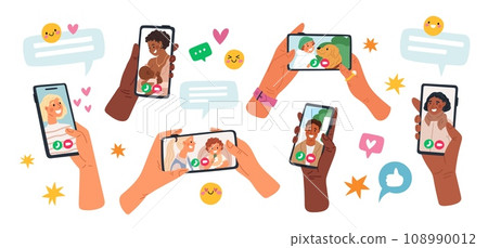 Hands hold phones with video chats. People communicate through messenger apps. Smartphone screens. Devices in arms. Call to family and friends. Distance conversation. Garish vector set Hands hold phones with video chats. People communicate through messenger apps. Smartphone screens. Devices in arms. Call to family and friends. Distance conversation. Garish vector set 108990012