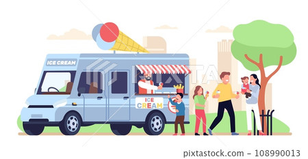 Family buys ice cream at park by ice cream truck. Street food auto van in park. Takeaway cafe. Vendor at outdoor counter. Mother and father walking together with kids. Vector concept Family buys ice cream at park by ice cream truck. Street food auto van in park. Takeaway cafe. Vendor at outdoor counter. Mother and father walking together with kids. Vector concept 108990013
