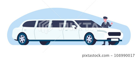 Driver standing next to limo. Car driving. Luxury automobile. Chauffeur in uniform. Auto transportation. Expensive vehicle. White limousine for wedding. VIP transport. Vector concept 108990017