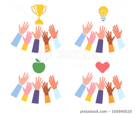 Different hands that reach for award cup and love heart. Apple or light bulb. Idea lamp. Human gestures. Seeking for goal. Career ambitions. Aiming for insight. Raised arms vector set Different hands that reach for award cup and love heart. Apple or light bulb. Idea lamp. Human gestures. Seeking for goal. Career ambitions. Aiming for insight. Raised arms vector set 108990020