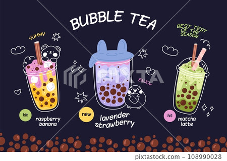 Bubble tea poster. Different tastes milkshake drinks in plastic cups. Summer fruit beverages with tapioca pearls. Refreshing smoothie. Matcha latte. Cocktails menu. Garish vector concept 108990028