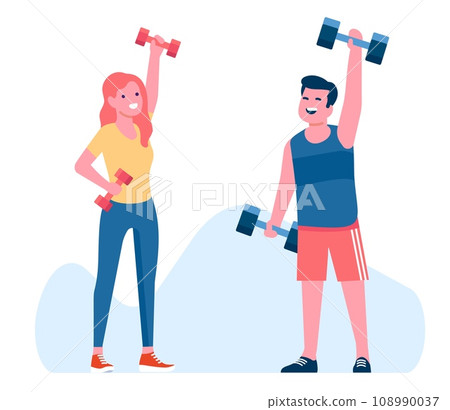 Athletic guy and girl doing workout with dumbbells. Active happy couple sport training. Fitness exercise. Healthy lifestyle. People in sportswear. Athletes weightlifting. Vector concept 108990037