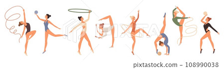 Flexible Professional Female Gymnasts Doing Rhythmic Gymnastics in Gym,  Beautiful Girls Exercising with Sports Equipment Vector Illustration, Stock vector