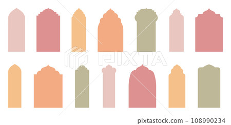 Collection of Oriental Style Islamic Ramadan Kareem and Eid Mubarak Doors and Arches. Modern Design Featuring Doors, Mosque Domes, and Lanterns. Vector Silhouette 108990234