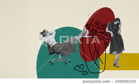 Young woman, employees with bored and sad faces feeling tired and desperate about work. Contemporary art collage. Paper, noise effect Young woman, employees with bored and sad faces feeling tired and desperate about work. Contemporary art collage. Paper, noise effect 108990250
