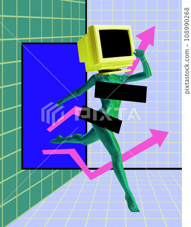 Young woman in swimsuit with computer head and arrows. Professional analytics and strategies. Contemporary art collage. Paper, noise effect 108990268