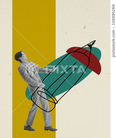 Young man with giant drawn pencil. Working with new projects, creating plans. Contemporary art collage. Paper, noise effect 108990269