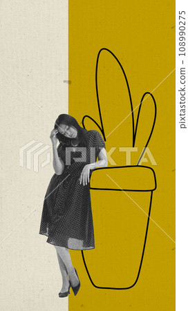Young elegant woman in retro dress standing with thoughtful face near drawn cactus. Contemporary art collage. Paper, noise effect 108990275