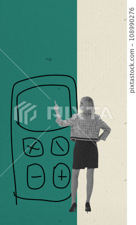 Young woman, project manager working with online services, using mobile phone. Doodles. Contemporary art collage. 108990276