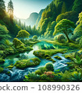 一條河流流經新鮮的綠色森林 108990326