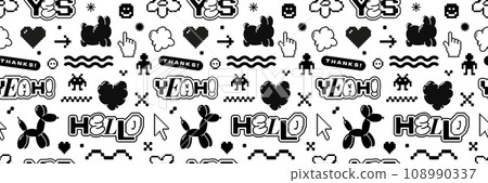 Bubble and pixel Y2k retro seamless pattern. Balloon abstract shapes and 8bit icons in trendy retro style. Hello and yeah words. Cartoon graffiti tattoo vector background. Bubble and pixel Y2k retro seamless pattern. Balloon abstract shapes and 8bit icons in trendy retro style. Hello and yeah words. Cartoon graffiti tattoo vector background. 108990337