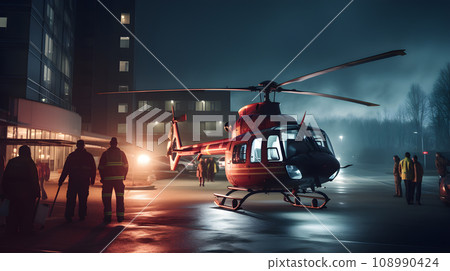 Red helicopter landing on helipad 108990424