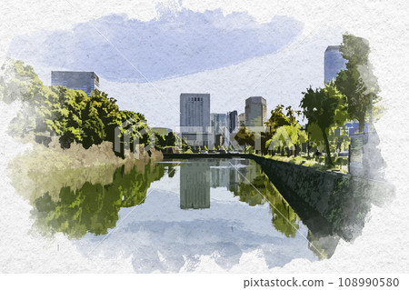 Watercolor style Tokyo Imperial Palace Gaien Triumphal Moat Chiyoda-ku, Tokyo 108990580