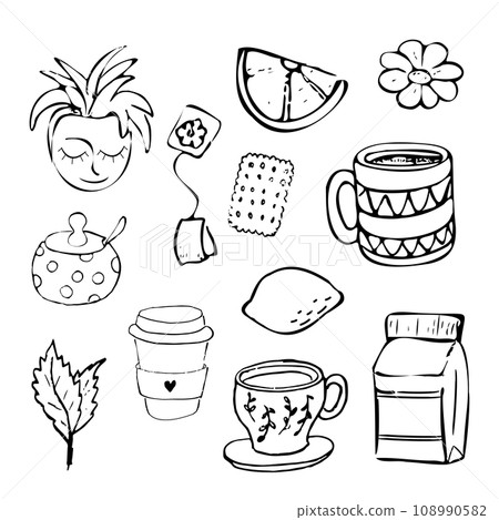 Set tea and coffee with cups, mint, chamomile, lemon and milk in doodle style isolated on white background. 108990582