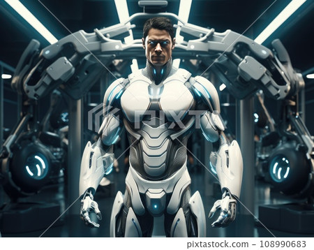 Portrait of serious man with glowing eyes in futuristic robotic suit looking at camera while standing against modern gym Portrait of serious man with glowing eyes in futuristic robotic suit looking at camera while standing against modern gym 108990683