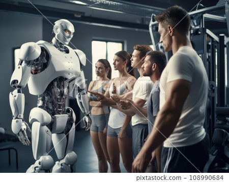 Multiethnic group of athletes in sportswear standing near android robot during training at modern fitness center 108990684