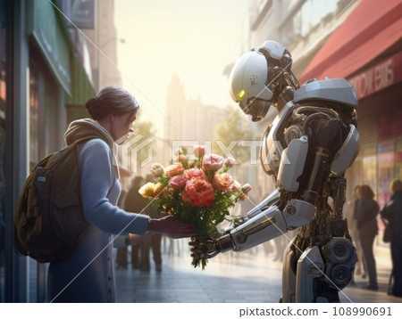 Side view of futuristic android robot selling bouquet to female customer with backpack standing on street in city Side view of futuristic android robot selling bouquet to female customer with backpack standing on street in city 108990691