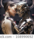 Side view of romantic male and female robot couple kissing and embracing in modern room against blurred background 108990692