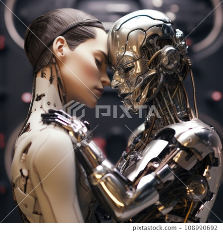 Side view of romantic male and female robot couple kissing and embracing in modern room against blurred background Side view of romantic male and female robot couple kissing and embracing in modern room against blurred background 108990692