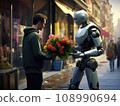 Side view of futuristic android robot selling bouquet of flowers to male customer in hoodie standing on street in city 108990694