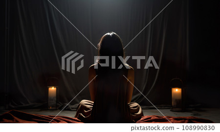 Rear view of a woman sitting in a dark and suspicious room ``AI-generated image'' 108990830