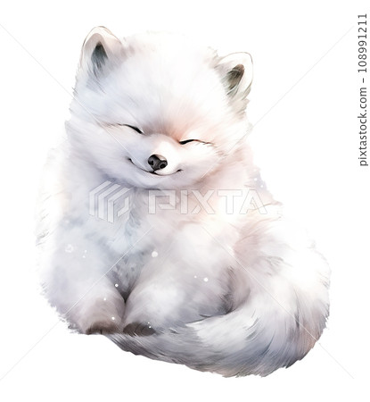 Cute arctic fox sitting. Hand drawn cartoon watercolor illustration 108991211