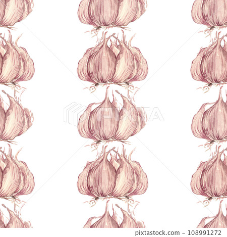 Cloves and head of garlic. Watercolor illustration. Seamless pattern for your design Cloves and head of garlic. Watercolor illustration. Seamless pattern for your design 108991272