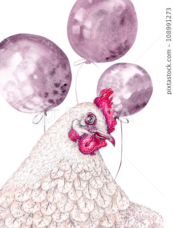Chicken and balloons. Holiday watercolor cartoon character illustration Chicken and balloons. Holiday watercolor cartoon character illustration 108991273