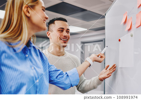 Two positive colleagues collaborating on common project Two positive colleagues collaborating on common project 108991974