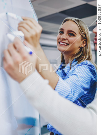 Collaboration of teacher and young man near white board during workshop 108992087