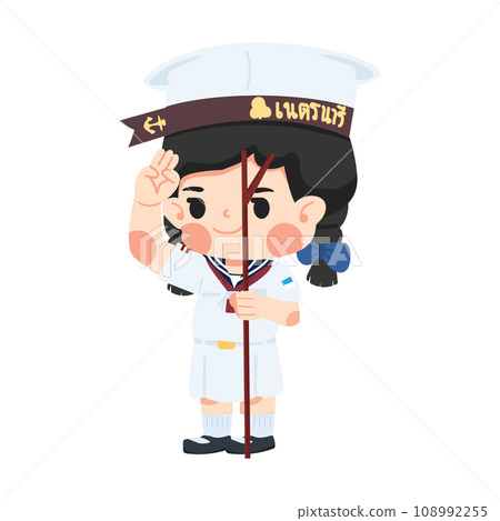 Kid girl scout thai holding pole yelling Kid girl scout thai holding pole yelling 108992255