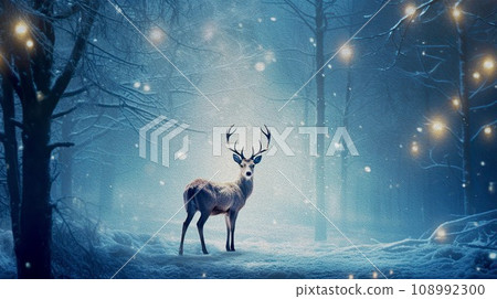 Magic festive reindeer covered in glowing lights. Funny deer with big antlers standing in snowfall. Magic festive reindeer covered in glowing lights. Funny deer with big antlers standing in snowfall. 108992300