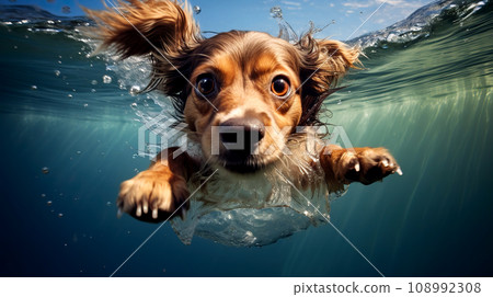 Cute little dog swimming in the sea. Cute little dog swimming in the sea. 108992308