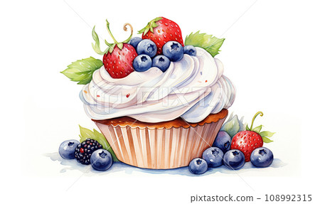 Appetizing cupcake with cream and berries on a white background. Watercolor illustration. 108992315