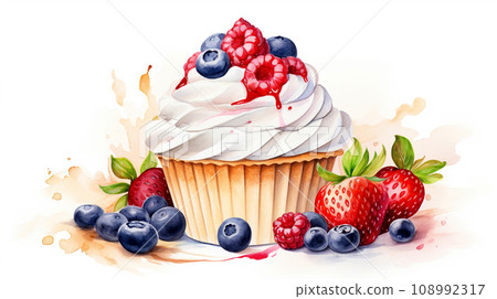 Sweet cupcakes set with cream and berries. 108992317