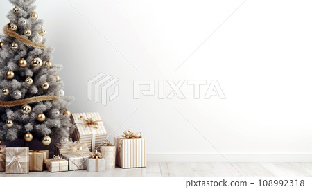 Large beautiful Christmas tree and gifts are isolated on a white background with space for text. 108992318