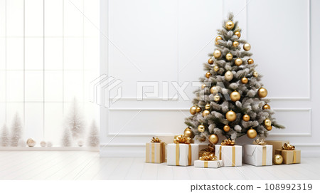 Christmas tree with gold decorations and gifts in white room. 108992319