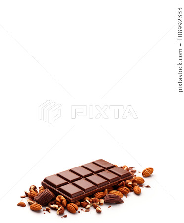 Chocolate and nuts on a white background. Chocolate pieces with almonds close-up. With copy space. Chocolate and nuts on a white background. Chocolate pieces with almonds close-up. With copy space. 108992333