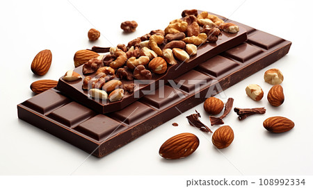 Dark chocolate and almonds on a white background. Chocolate bar with nuts. 108992334